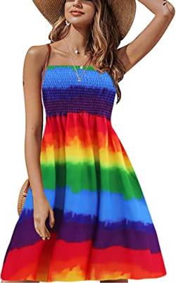 Trägerloses Kleid für Damen, Sommer, Strand, gesmoktes Sommerkleid, lässiges Kleid, regenbogenfarben, X-Groß von Zyyfly