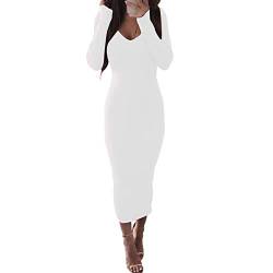 Zyyfly Damen Kleid mit V-Ausschnitt, langärmelig, gerippt, figurbetont, Midi-Kleid - Weiß - Groß von Zyyfly