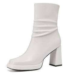 aanieshoeya Stiefeletten Damen Kurzschaft Ankle Boots Women Elegant Blockabsatz High Heels Absatz Plateau Weiß 39CN 38EU 24.5cm von aanieshoeya