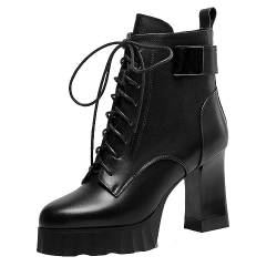 aanieshoeya Stiefeletten Damen Stiefel Kurzschaft Ankle Boots for Women Leder Elegant Blockabsatz High Heels Plateau Schwarz 37CN 37EU 23.5cm von aanieshoeya