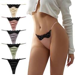 abandi Damen Seidensatin Tanga Höschen Silkly G-String Tangas T-Rücken Spitze Tanga Unterwäsche 5 Stück, 5 Stück, L von abandi