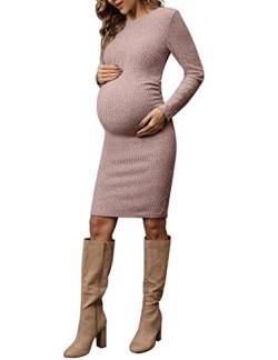 abkylie Seitliches Rüschen-Strick-Rippen-Umstandskleid/figurbetontes Kleid mit langen Ärmeln, Herbst, lässig, Pink, Groß von abkylie