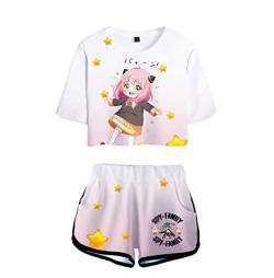 Frauen Mädchen Anime Spy x Family 3D Kurzes T-Shirt Set Anya Forger Cheerleader Uniform Kurzarm Sweatshirt Elastische Taille Shorts 2 Stück/Set von acsefire