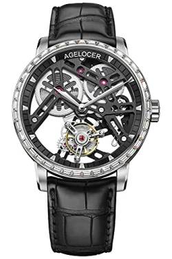 Agelocer Herren 9004E1 doppelseitige hohle transparente Gehäuseboden Tourbillon handbetriebene mechanische Uhr, Va: 9001e1, Riemen von agelocer