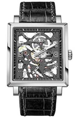Agelocer Herren-Armbanduhr, doppelseitig hohl, schwarzer Stahl, doppelte Zeitanzeige, mit leuchtenden, analogen quadratischen Sekunden-Zifferblatt, Nk_3501a1, von agelocer