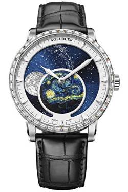 Agelocer Herren-Armbanduhr mit echten Diamanten, Blau, automatische Mondphasen-Armbanduhr, Vp:6401e1, Riemen von agelocer