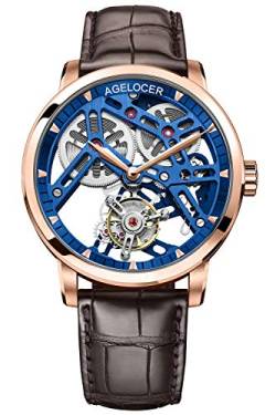 Agelocer Herren Top Marke Doppelseitig Hohl Tourbillon Handbetrieb Mechanische Leder Armbanduhr, Nk_9004d2, Gurt von agelocer