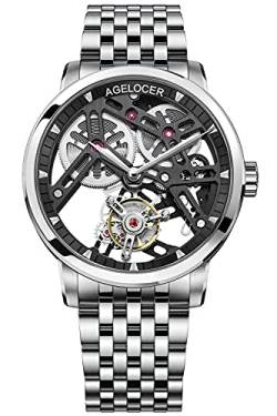 Agelocer Herren Top-Marke Doppelseitige Hohle Tourbillon Handbetriebene Mechanische Edelstahl Kleid Luxus Analog Uhr, Nk_9001a9, Armband von agelocer