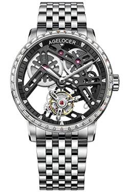 Agelocer Herren Top-Marke Doppelseitige Hohle Tourbillon Handbetriebene Mechanische Edelstahl Kleid Luxus Analog Uhr, Nk_9001d9, Armband von agelocer