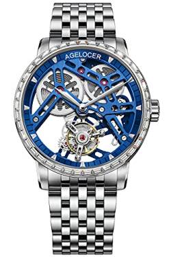 Agelocer Herren Top-Marke Doppelseitige Hohle Tourbillon Handbetriebene Mechanische Edelstahl Kleid Luxus Analog Uhr, Nk_9001f9, Armband von agelocer