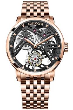 Agelocer Herren Top-Marke Doppelseitige Hohle Tourbillon Handbetriebene Mechanische Edelstahl Kleid Luxus Analog Uhr, Nk_9004a9, Armband von agelocer