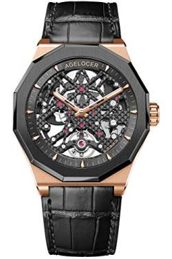 Agelocer Herren Top Marke Schwarz Skelett Mechanische Automatik Leuchtende Mode Luxus Armbanduhr, ID: 6001h1, Riemen von agelocer