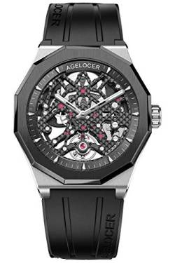 Agelocer Herrenuhr Mode Top Marke Schwarz Skelett Mechanische Automatik Uhr Gummiband Wasserdicht Uhren für Herren, VP:6001B1-R von agelocer