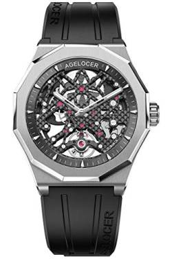 Agelocer Luxuriöse Herren-Armbanduhr mit Skelett-Motiv, mechanisch, Kautschukband, leuchtend, analog, Schwarz, Nk_6001a1-r, von agelocer