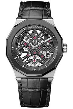 Agelocer Luxuriöse Herren-Armbanduhr mit Skelett-Motiv, mechanisch, Kautschukband, leuchtend, analog, Schwarz, Nk_6001b1, von agelocer