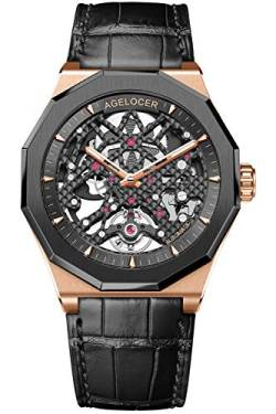 Agelocer Luxuriöse Herren-Armbanduhr mit Skelett-Motiv, mechanisch, Kautschukband, leuchtend, analog, Schwarz, Nk_6001h1, von agelocer