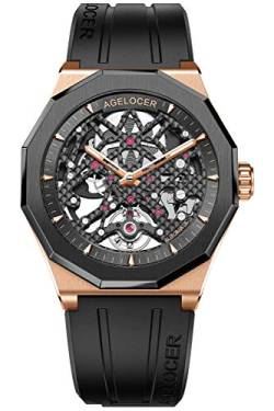 agelocer Herren Top Marke Schwarz Skelett Mechanische Automatische Mode Luxus Leuchtende Gummi Armband Uhr, II:6001H1-R, Mechanisch von agelocer