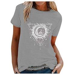 Damen Basic T-Shirt Oversized Vintage Drucken Sonne Mond Motiv Tee Tops Casual Shirt Hemd Bluse aijofi von aijofi