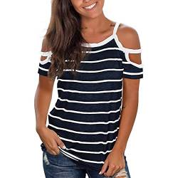 Damen Sommer Streifen T-Shirt Casual V-Ausschnitt Basic Tops Kurzarm Oberteil Lässige Einfarbige Sommerbluse Tops Shirt aijofi von aijofi