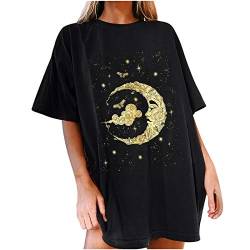 aijofi Damen Vintage Oberteile Sonne Mond Motiv Drucken Tshirt Oversized Sportshirt Rundhals Oberteile Teenager Mädchen Best Friends Top Lang von aijofi