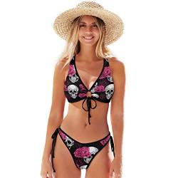 Bikini-Sets für Frauen, Damen, Teenager, Mädchen, Größe XS, 2-teiliges Bikini-Set mit Blumen und Totenköpfen, sexy Bademode, BH-Panty-Set, Totenköpfe 163, L von alaza