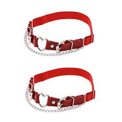 alisikee 2 Stück Leder-Bein-Strumpfband mit Ketten, elastisches Rockherz, Oberschenkelstrumpfband für Damen, rot, Einheitsgröße von alisikee