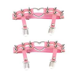 alisikee 2 Stück verstellbares Herz-Bein-Strumpfband mit Anti-Rutsch-Clips, elastisches Nietenstrumpfband für Halloween-Partys, Cosplay, Pink, Einheitsgröße von alisikee