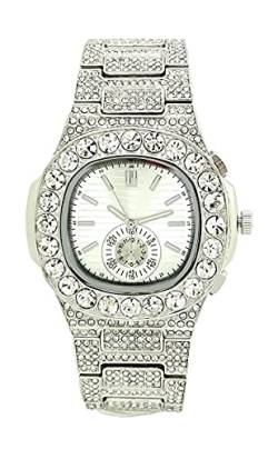 all4udeals Elegante Herren-Armbanduhr, 42 mm, mit Strasssteinen besetzt, Metallarmband, Silber, Silber, Kleid von all4udeals