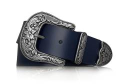 almela - Gürtel Cowboy - Damen und herren - Echt leder - Vintage Mode - 4 cm breit - Country - Retro - 40 mm - Western - Echtleder - Unisex - Rodeo - Cowgirl Belt - Navy blau, 115 von almela