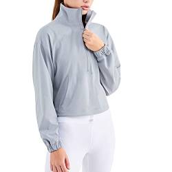 altiland Damen Laufjacke Trainingsjacke Atmungsaktiv Outdoor Fitness Yoga Sport Jacke 1/2 Reißverschluss mit Taschen (Grau,L) von altiland