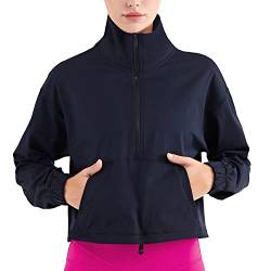 altiland Damen Laufjacke Trainingsjacke Atmungsaktiv Outdoor Fitness Yoga Sport Jacke 1/2 Reißverschluss mit Taschen (Schwarz,L) von altiland