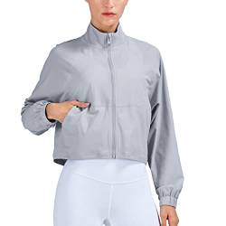 altiland Damen Laufjacke Trainingsjacke Atmungsaktiv Sport Jacke Voll Reißverschluss Dünn UV Jacke mit Taschen UPF 50+(Grau, M) von altiland