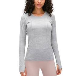 altiland Damen Nahtlose Langärmliges Yoga-Oberteil Workout Laufen T-Shirts mit Daumenloch Slim Fit (Hellgrau, M) von altiland