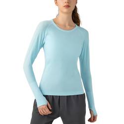 altiland Damen Nahtlose Langärmliges Yoga-Oberteil Workout Laufen T-Shirts mit Daumenloch Slim Fit (Lichtblau, L) von altiland