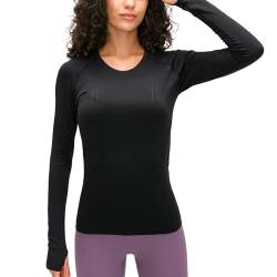 altiland Damen Nahtlose Langärmliges Yoga-Oberteil Workout Laufen T-Shirts mit Daumenloch Slim Fit (Schwarz, M) von altiland