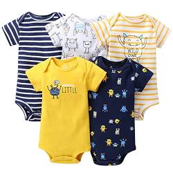 amropi Baby Jungen 5er Pack Kurzarm Body Baumwolle Schlafanzug Sommer Babybody 6-9 Monate,Gelb/Marine/Weiß von amropi