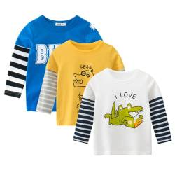 amropi Baby Jungen Gestreift T-Shirt 3er Pack Langarm Baumwolle Dinosaurier Tee Shirt Tops Blau Gelb Weiß,1-2 Jahre von amropi