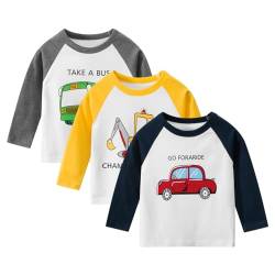 amropi Baby Jungen Gestreift T-Shirt 3er Pack Langarm Baumwolle Dinosaurier Tee Shirt Tops Marine Gelb Grau,5-6 Jahre von amropi