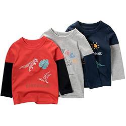amropi Baby Jungen Gestreift T-Shirt 3er Pack Langarm Baumwolle Dinosaurier Tee Shirt Tops Rot Grau Schwarz,2-3 Jahre von amropi