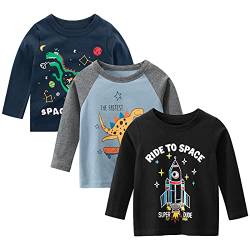 amropi Baby Jungen Gestreift T-Shirt 3er Pack Langarm Baumwolle Dinosaurier Tee Shirt Tops Schwarz Blau Schwarz,3-4 Jahre,Etikett 110 von amropi