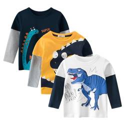 amropi Baby Jungen Gestreift T-Shirt 3er Pack Langarm Baumwolle Dinosaurier Tee Shirt Tops Weiß Gelb Schwarz,1-2 Jahre von amropi