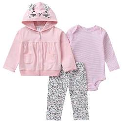 amropi Baby Mädchen Bekleidungssets 3 Stück Warme Mäntel mit Kapuze + Strampler Tops + Hosen Trainingsanzug (Pinke Blume,6-9 Monate) von amropi