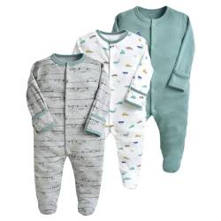 amropi Baby Mädchen Schlafstrampler 3er Pack Jungen Pyjamas Baumwolle Overalls Strampler 3-6 Monate,Grün Weiß Grau von amropi