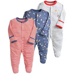 amropi Baby Mädchen Schlafstrampler 3er Pack Jungen Pyjamas Baumwolle Overalls Strampler 3-6 Monate,Marine Rot Streifen von amropi