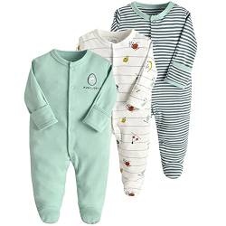 amropi Baby Mädchen Schlafstrampler 3er Pack Jungen Pyjamas Baumwolle Overalls Strampler 6-9 Monate,Grün Weiß Streifen von amropi