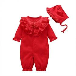 amropi Baby Mädchen Spitzenkragen Strampler Langarm Baumwolle babykleidung + Hut 0-3 Monate,Rot von amropi