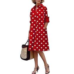 amropi Blusenkleid Damen Gepunktet Knöpfen V-Ausschnitt Langarm Midi Freizeitkleid mit Taschen Rot Gepunktet,L von amropi