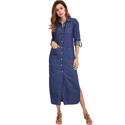 amropi Blusenkleid Damen Knöpfen Langarm Seitenschlitz Freizeitkleider Jeanskleid Maxikleid Marine,L von amropi