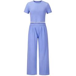 amropi Damen 2 Stück Crop Top und Weites Bein Lange Hosen Set Sommer Trainingsanzug Blau,M von amropi