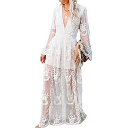 amropi Damen Abendkleid Spitze Festliche Kleider Maxi V Ausschnitt Hochzeit Cocktailkleid Weiß-0,S von amropi